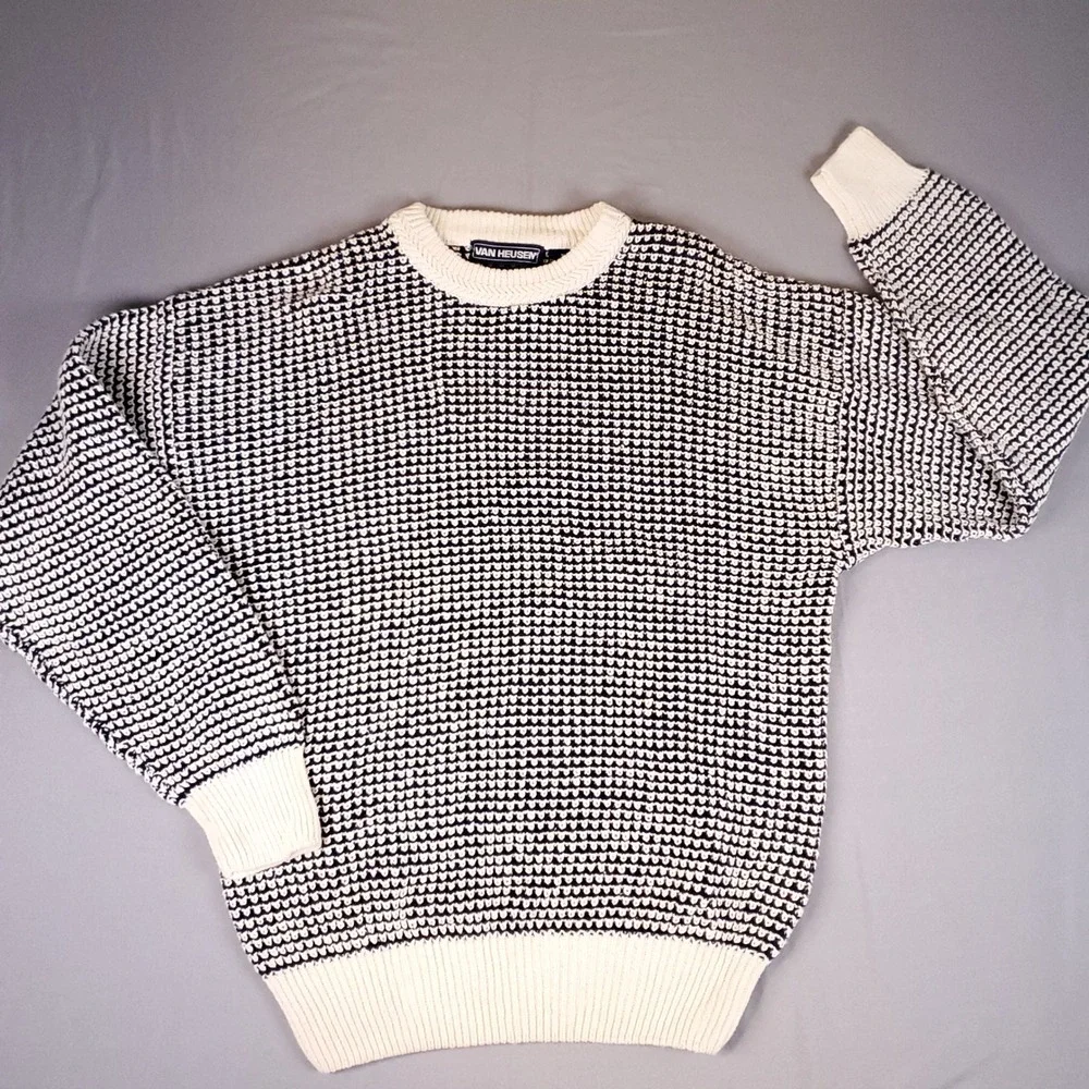 Van Heusen Sweater Mens Medium Navy Cream Birds Eye Ramie Cotton Grandpa Vintage